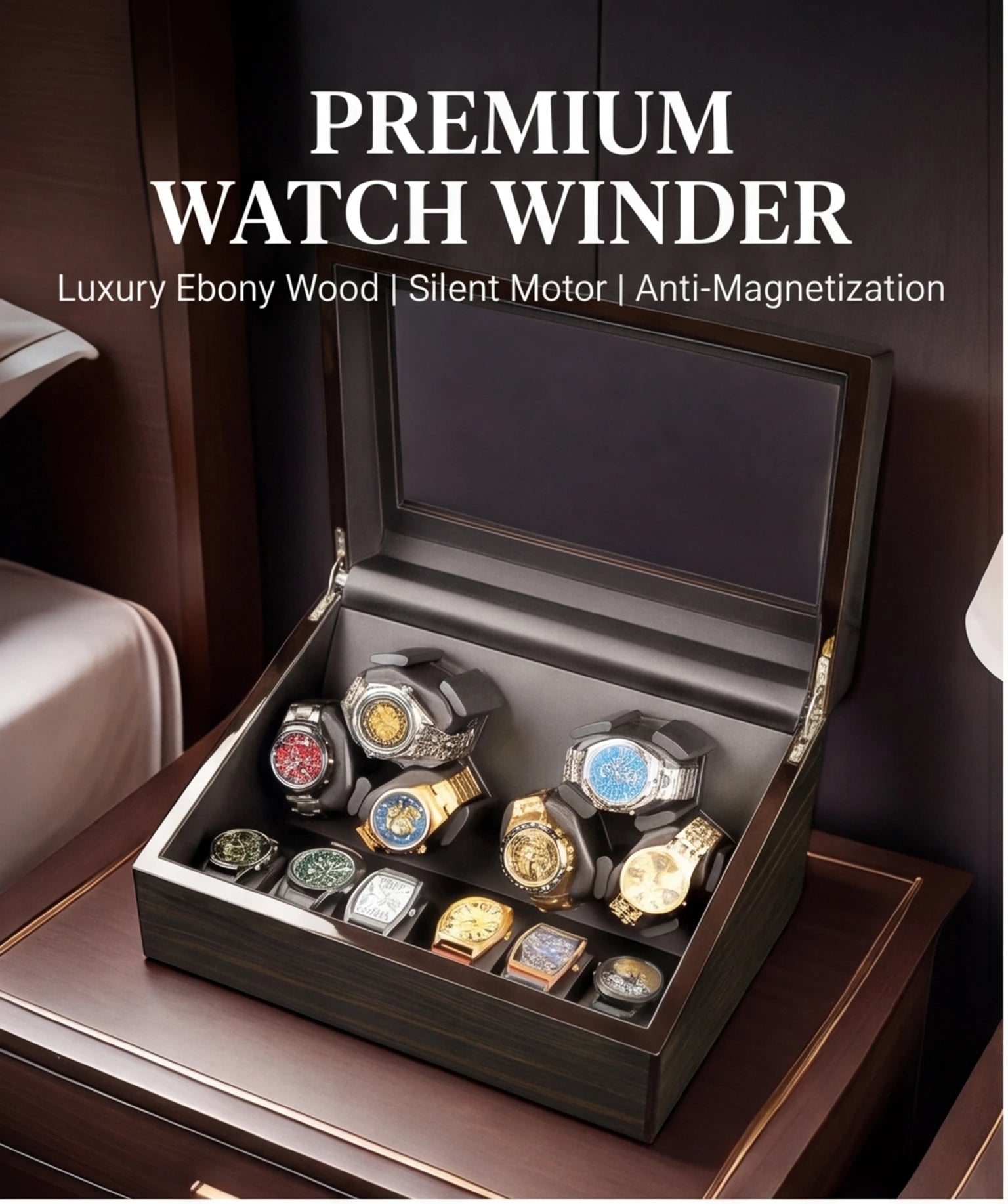Ebony Wood Watch Winder Box – 3/6 Slot Automatic Watch Rotator with LED Light & Silent 5 Modes Storage Case