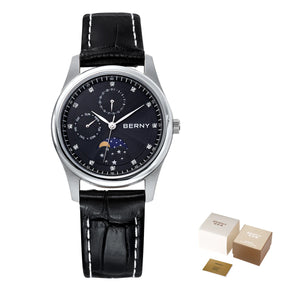 BERNY Women's Quartz Watch – Moon Phase Calendar Leather Strap