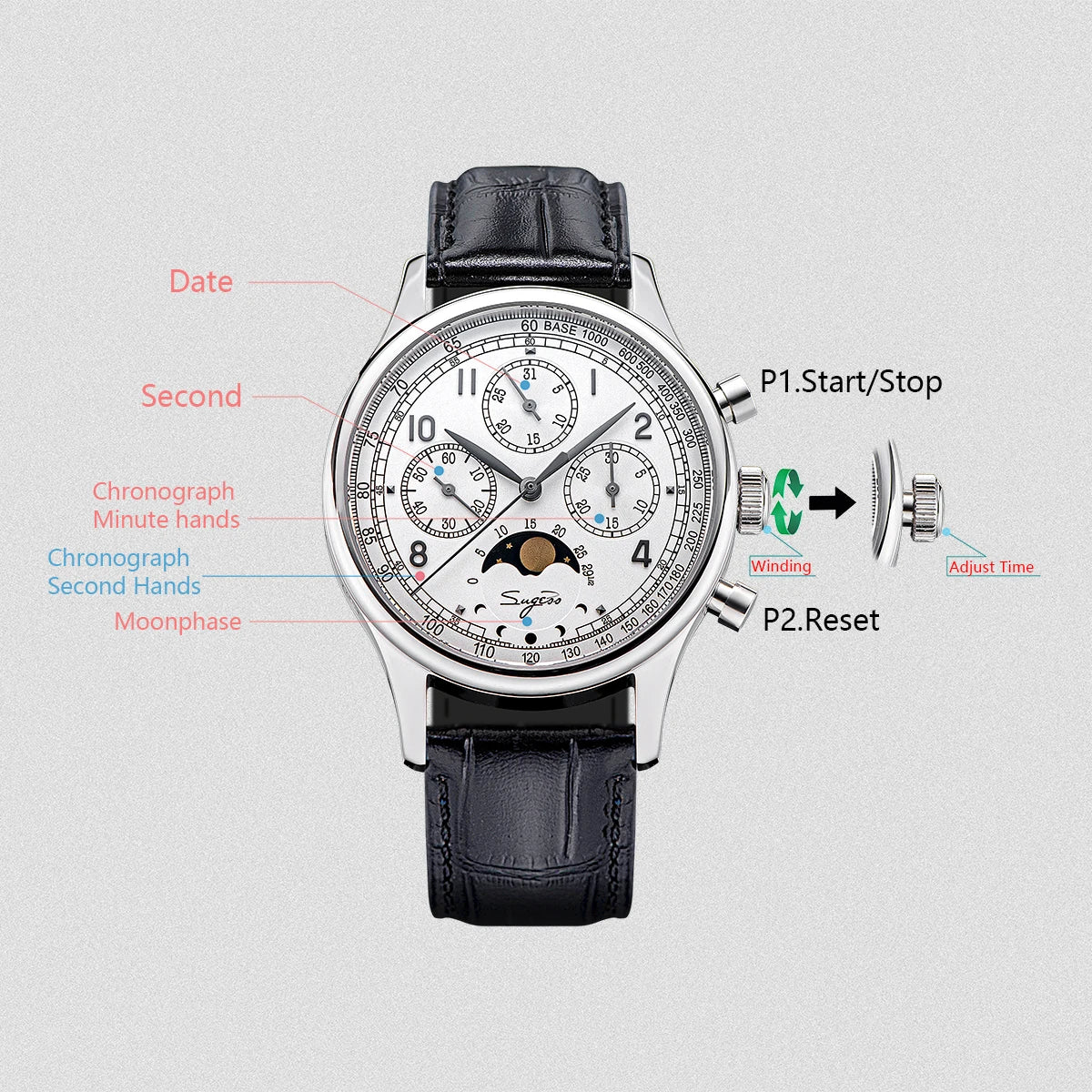 Sugess Men’s Chronograph Watch – ST1908 Mechanical, Moonphase, Swan Neck, Sapphire Crystal