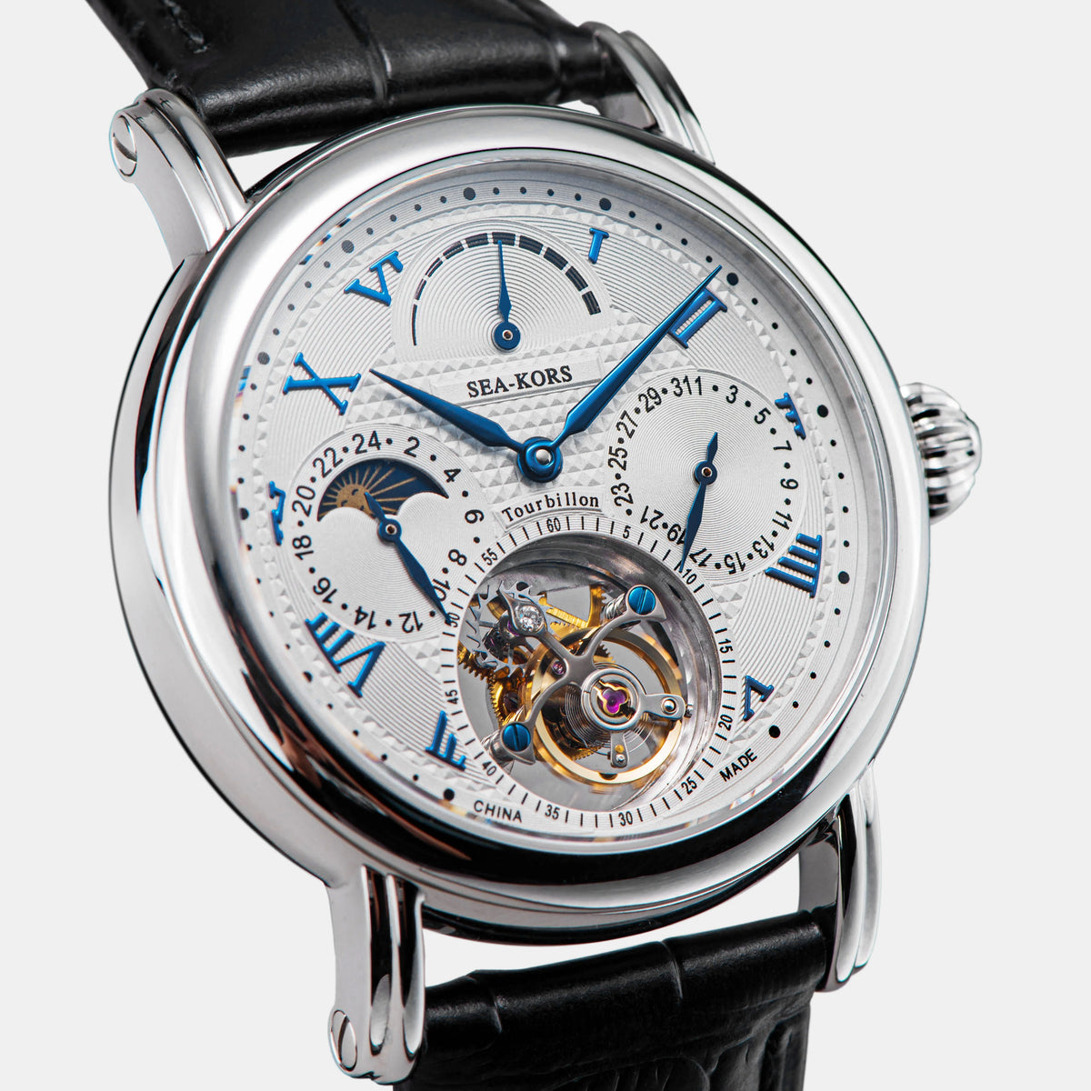 Sugess Seakors Men’s Tourbillon Watch – ST8007 Movement, Skeleton Dial, Moonphase, Sapphire Crystal, 316L Steel