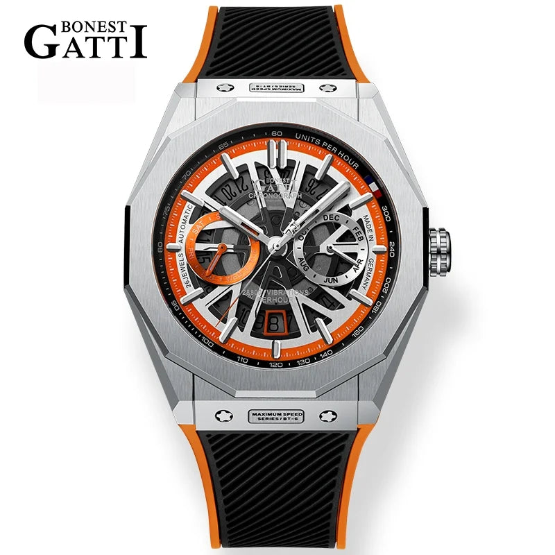 BONEST GATTI Men’s Automatic Mechanical Watch – Stainless Steel Case, Rubber Strap
