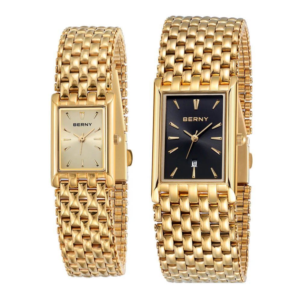 BERNY Couple Quartz Watch – Gold Tone, Stainless Steel, Men & Women, Water Resistant