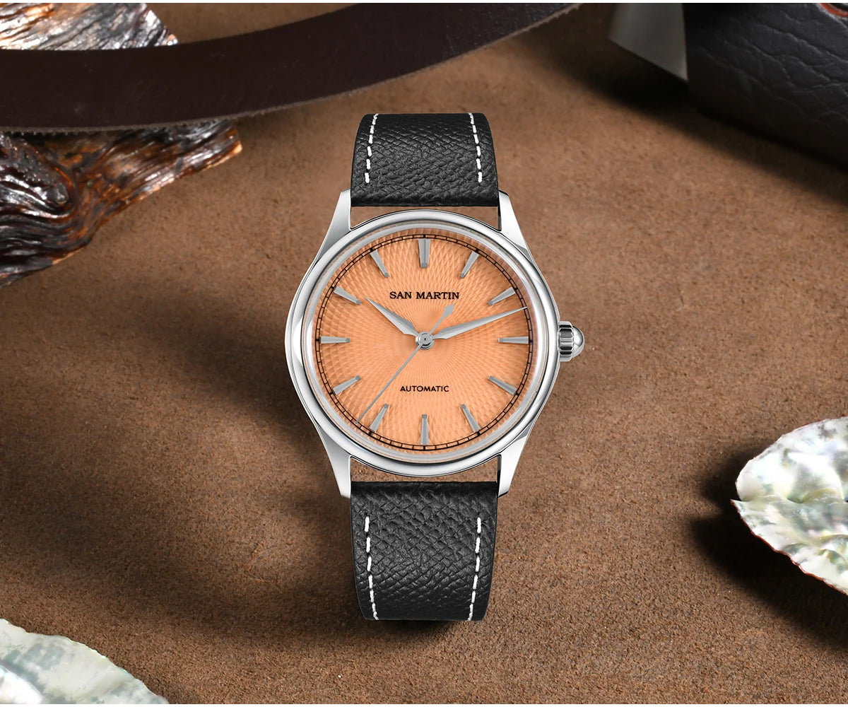 San Martin SN0110 Automatic Dress Watch – 37mm Textured Dial Sapphire Crystal Men's Mechanical Watch