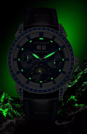 Hanboro 41.5mm Mechanical Watch: Automatic Multi-Dial with Day, Month, Date & Crystal Bezel