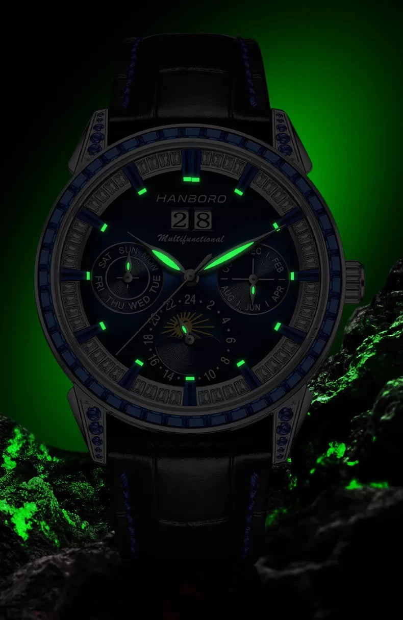 Hanboro 41.5mm Mechanical Watch: Automatic Multi-Dial with Day, Month, Date & Crystal Bezel