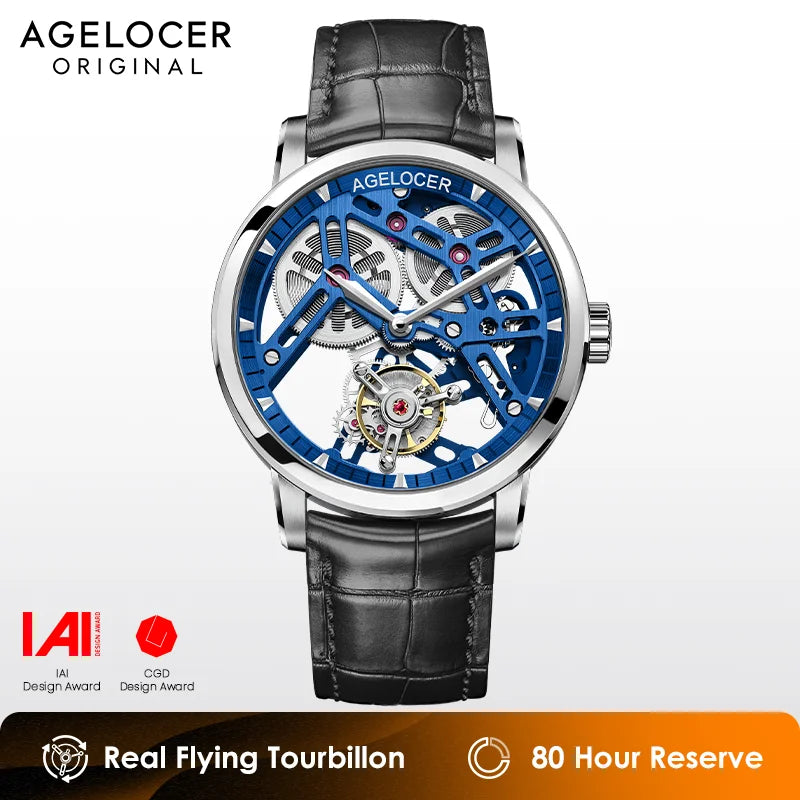 AGELOCER Men's Tourbillon Watch – Manual Mechanical Skeleton Luxury Dress Watch