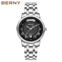 BERNY Women’s Quartz Watch – Roman Numerals, Day & Date, Sapphire Glass, Stainless Steel Strap