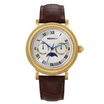 BERNY Men's Moon Phase Quartz Watch 40mm – Calendar Dress Watch Leather Strap