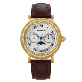BERNY Men's Moon Phase Quartz Watch 40mm – Calendar Dress Watch Leather Strap