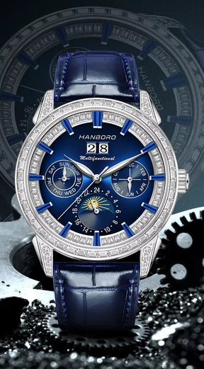 Hanboro 41.5mm Mechanical Watch: Automatic Multi-Dial with Day, Month, Date & Crystal Bezel