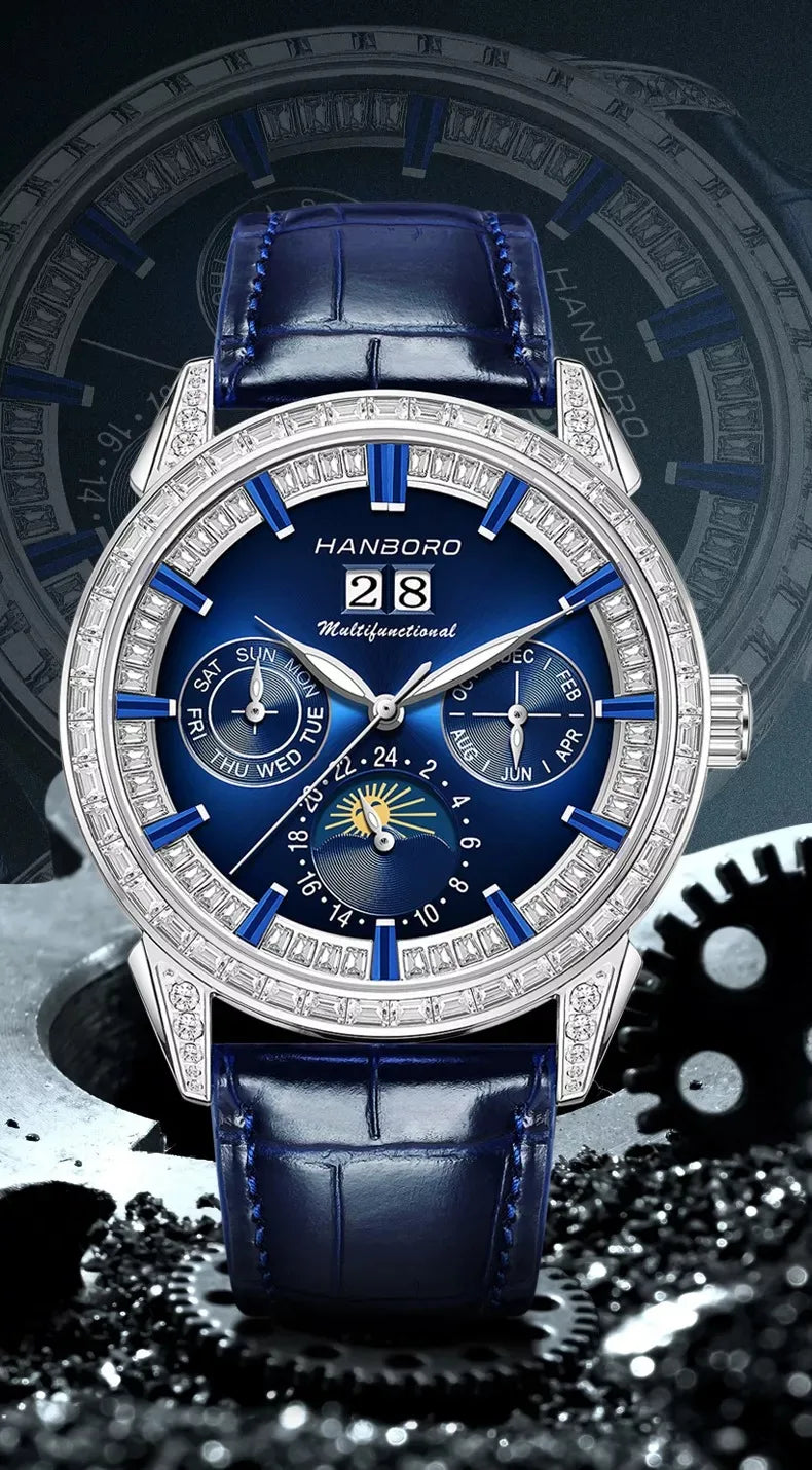 Hanboro 41.5mm Mechanical Watch: Automatic Multi-Dial with Day, Month, Date & Crystal Bezel