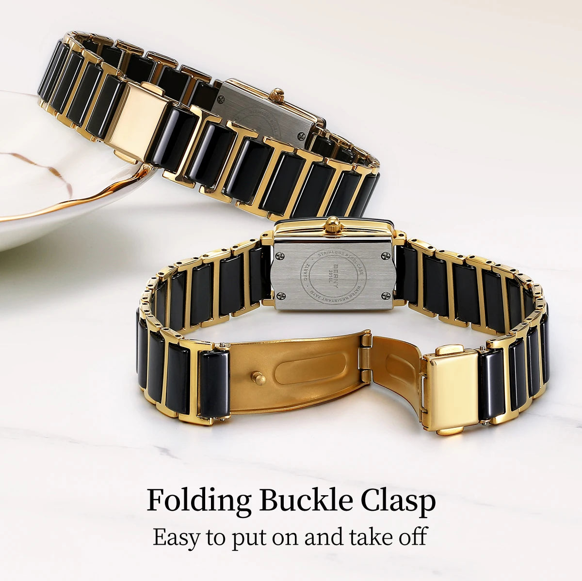 BERNY Ceramic Quartz Watch – Luxury Rectangle Gold Couple Wristwatch with Diamond Bracelet Design