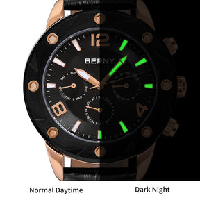 BERNY Men's Quartz Watch – Multifunction Dial Business Leather Strap Luminous Waterproof