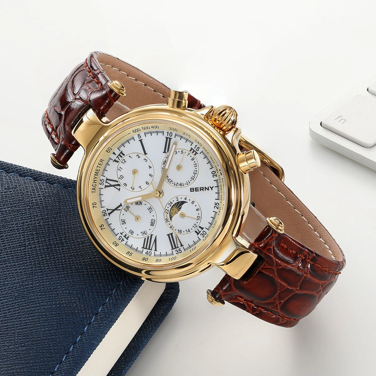 BERNY Men’s Automatic Dress Watch – Sun & Moon Phase, Leather Strap