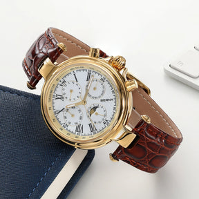 BERNY Men’s Automatic Dress Watch – Sun & Moon Phase, Leather Strap
