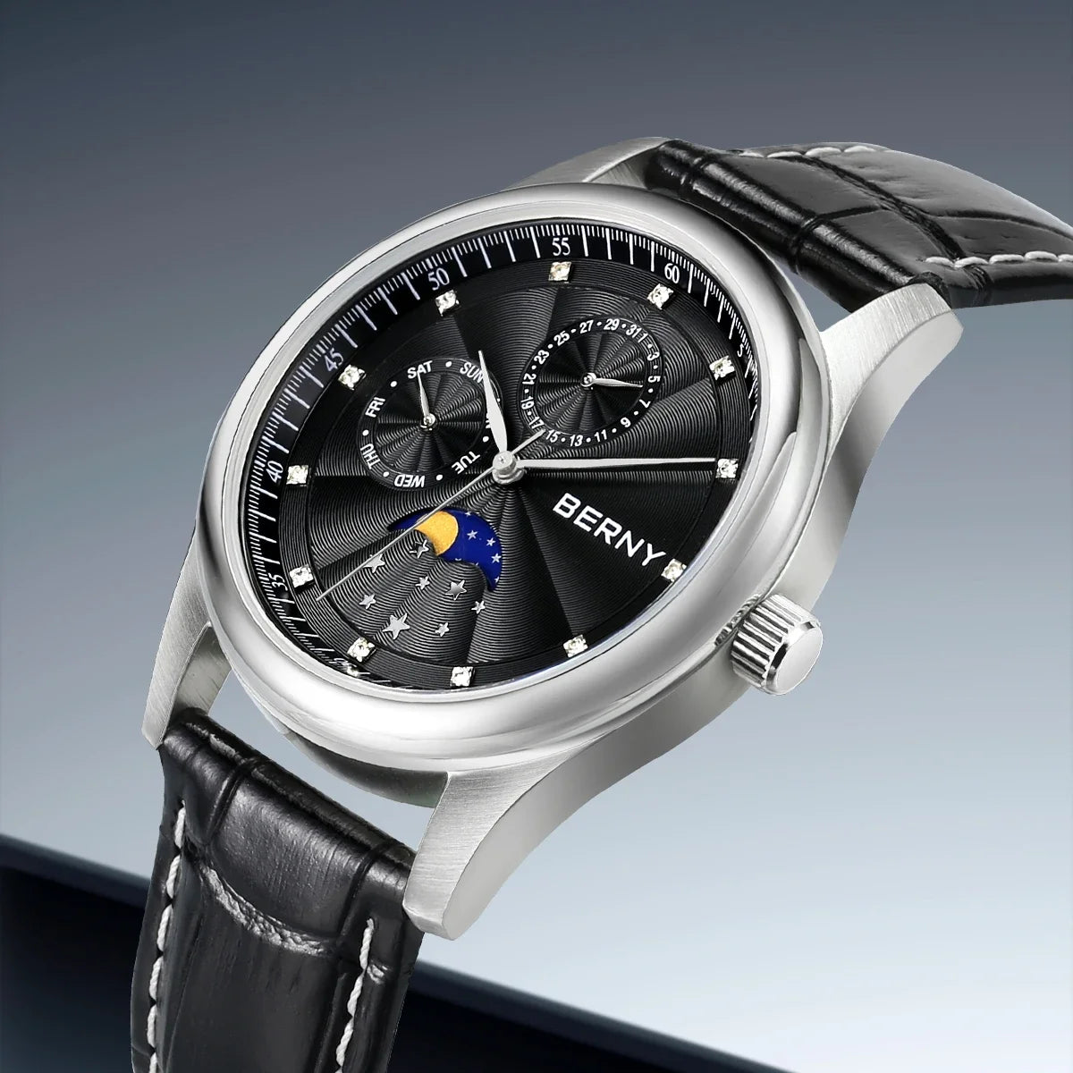 BERNY Men's Moon Phase Quartz Watch – Stainless Steel & Leather Dress Watch with Date & Week Display