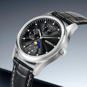 BERNY Men's Moon Phase Quartz Watch – Stainless Steel & Leather Dress Watch with Date & Week Display