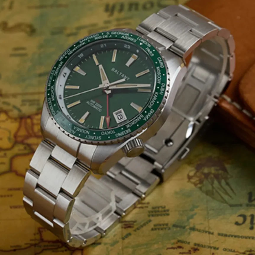 Baltany Men’s GMT Automatic Watch 40mm – NH34, Sapphire Crystal, 200m Dive, Luminous, World Time Bezel
