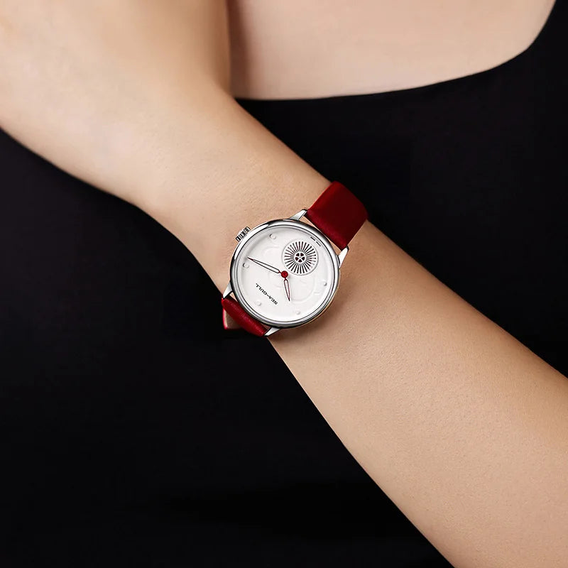Seagull Women's Automatic Watch ST17 – Red Leather Strap Stainless Steel Waterproof 6130L