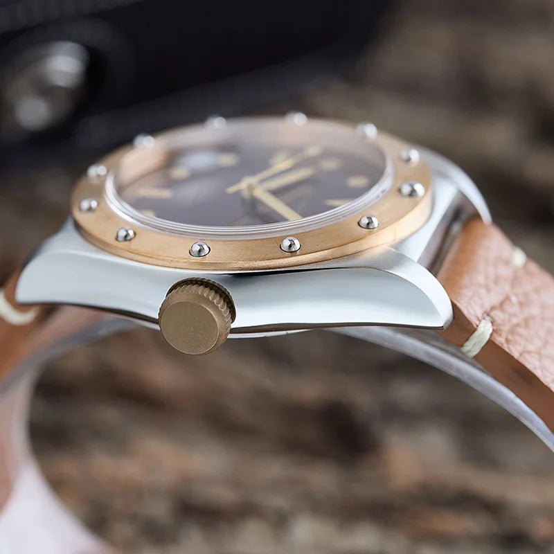 Baltany Men’s Bronze Automatic Watch 40mm – Vintage Style, 200m Water Resistant, Luminous, Leather Strap