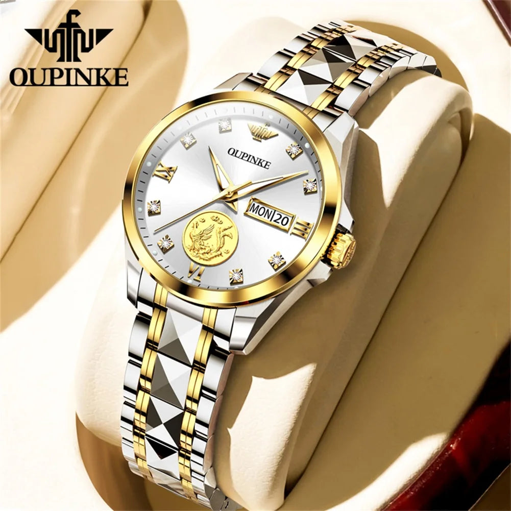 OUPINKE 3259 Women’s Automatic Watch – Gold Tone, Tungsten Steel Strap, Luxury Mechanical