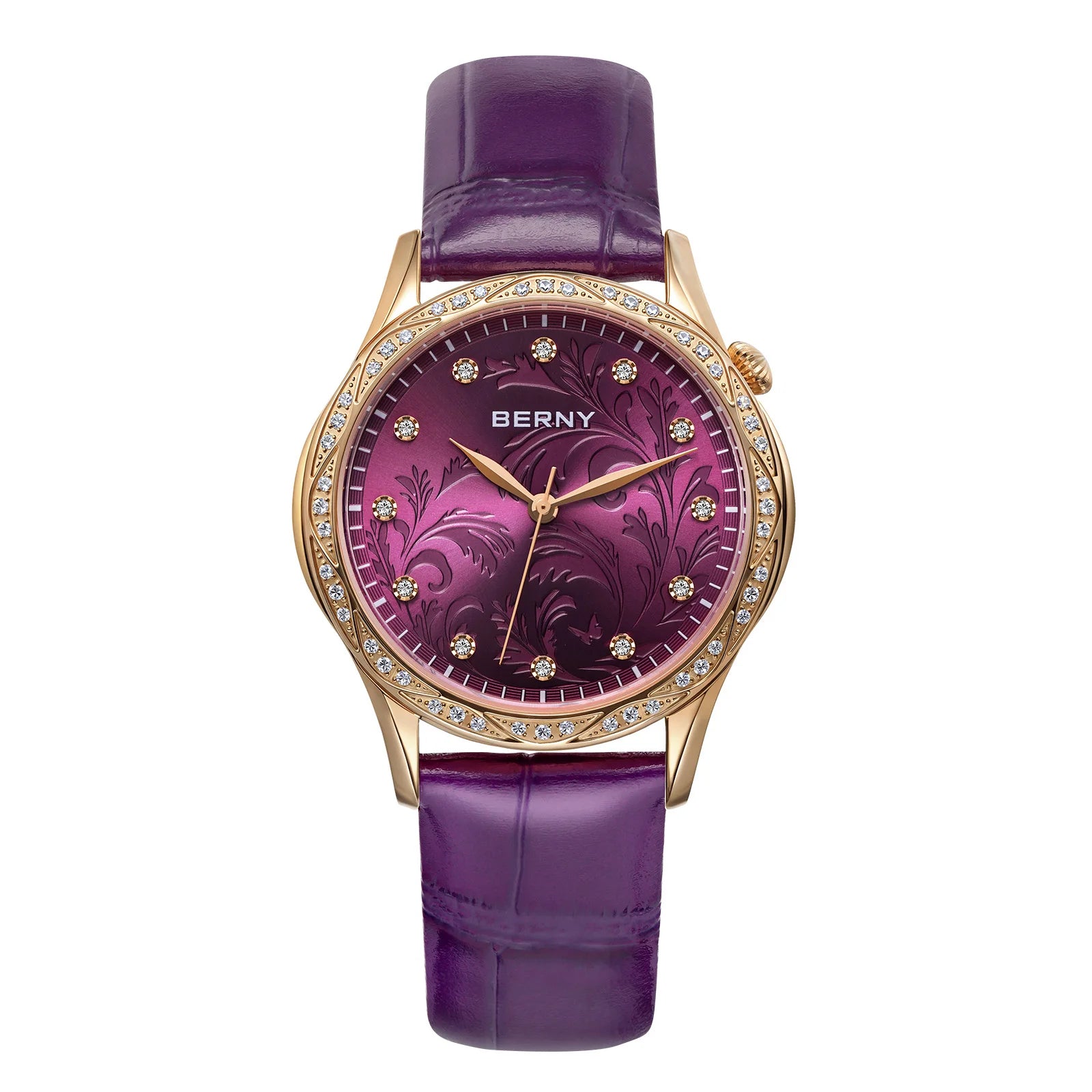 BERNY Women's Quartz Watch – Engraved Dial Diamond Gold Case Leather Strap