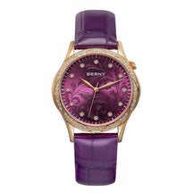 BERNY Women's Quartz Watch – Engraved Dial Diamond Gold Case Leather Strap