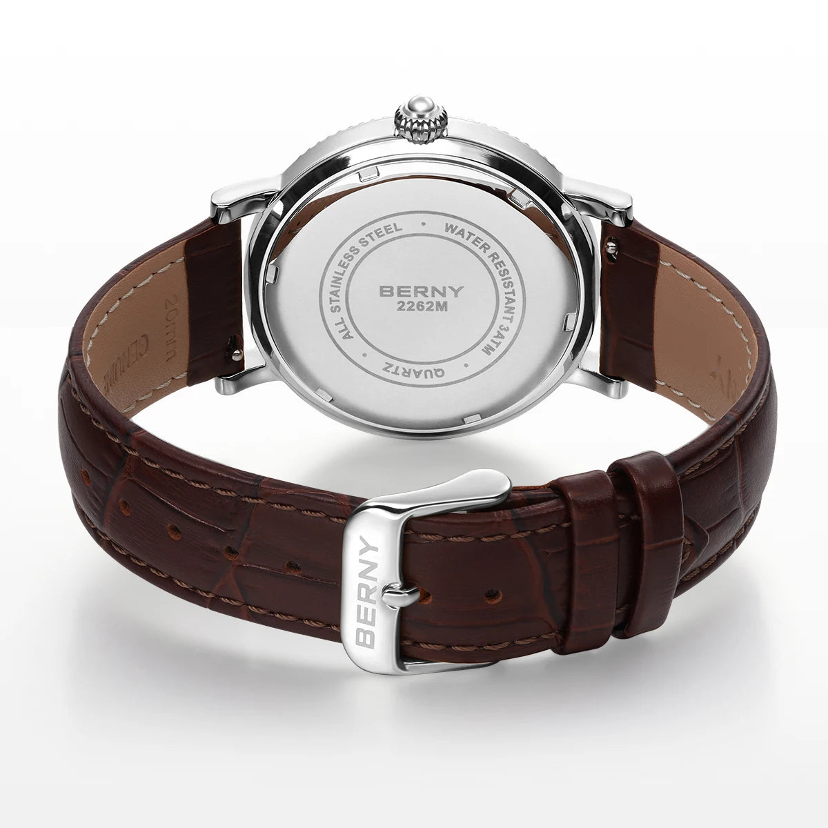 BERNY Men's Moon Phase Quartz Watch 40mm – Calendar Dress Watch Leather Strap
