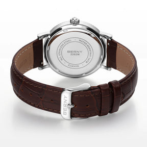BERNY Men's Moon Phase Quartz Watch 40mm – Calendar Dress Watch Leather Strap
