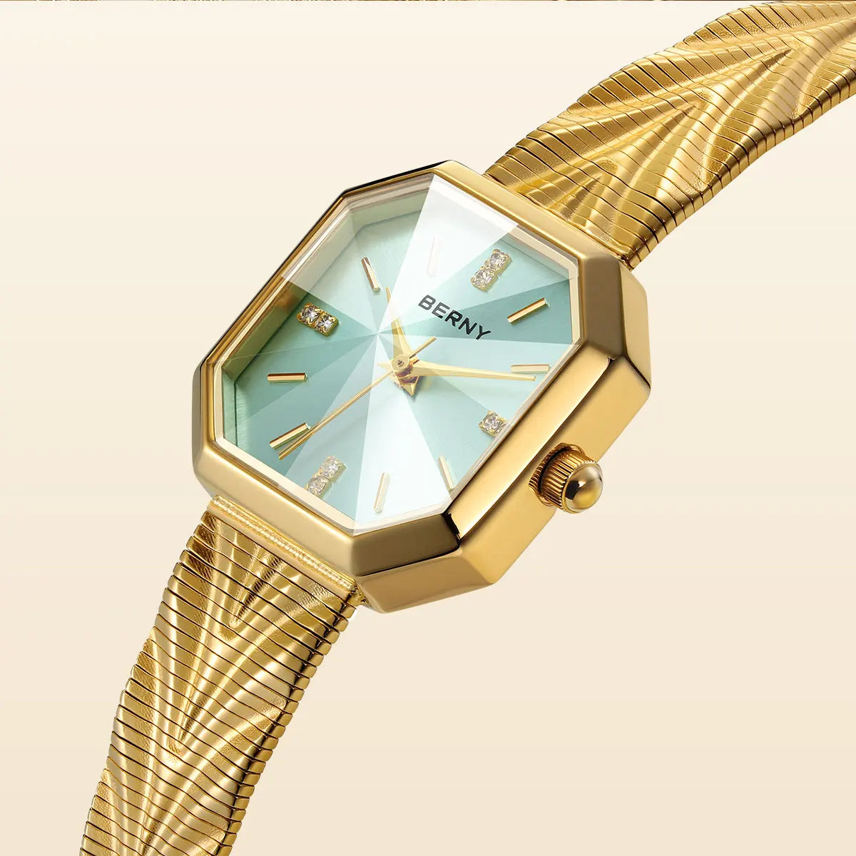 BERNY Women's Gold Quartz Watch – Octagonal Stainless Steel