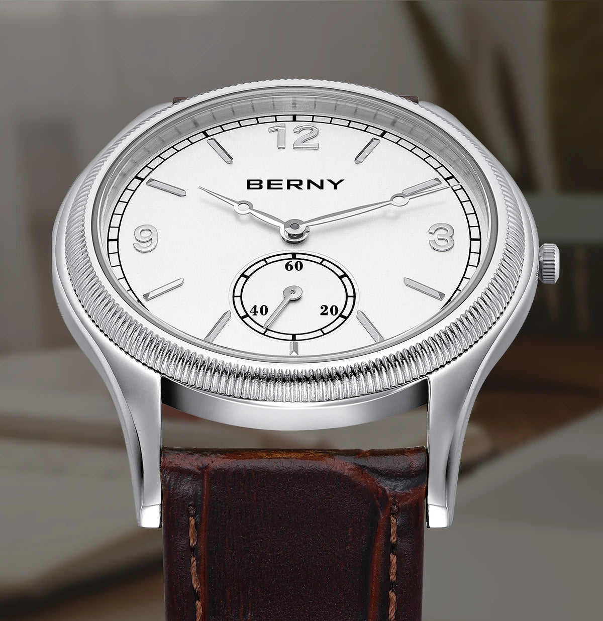 BERNY Men's Quartz Dress Watch 38mm – Slim Elegant Leather Strap Easy Read