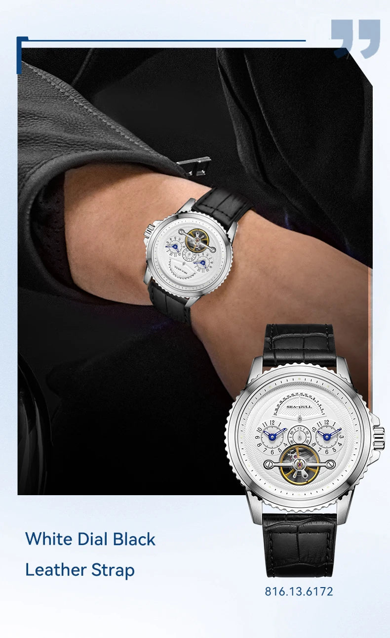 Seagull Flywheel Men’s Mechanical Watch – 44mm, Sapphire, Dual Time