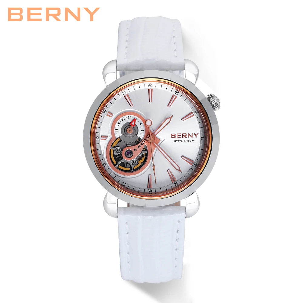 BERNY Women's Automatic Watch – NH39 Sapphire Tungsten Steel Diamond Brown Dial Waterproof