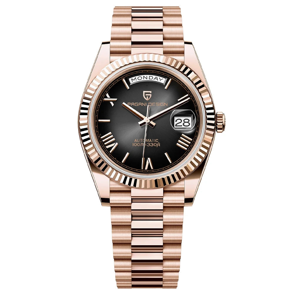 Rose gold watch with black dial on a white background, featuring brand logo and technical specifications.