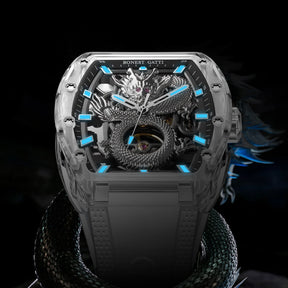BONEST GATTI Men’s Automatic Skeleton Watch – Dragon Pattern, Crystal Case, Luxury Mechanical
