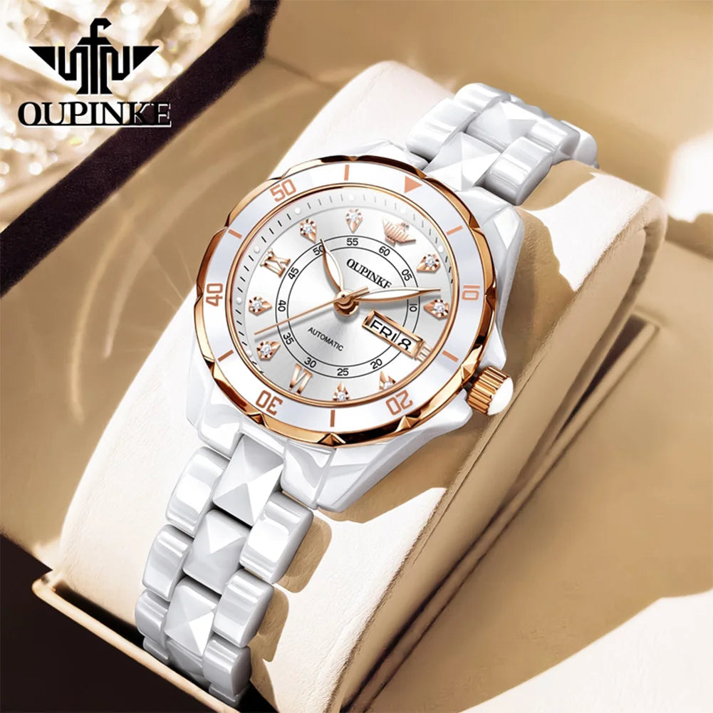 OUPINKE 3301 Women's Automatic Watch – Week Date Ceramic Strap Elegant