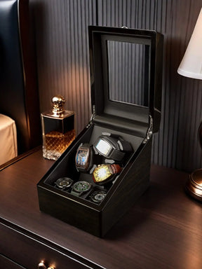 Ebony Wood Watch Winder Box – 3/6 Slot Automatic Watch Rotator with LED Light & Silent 5 Modes Storage Case