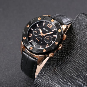 BERNY Men's Quartz Watch – Multifunction Dial Business Leather Strap Luminous Waterproof