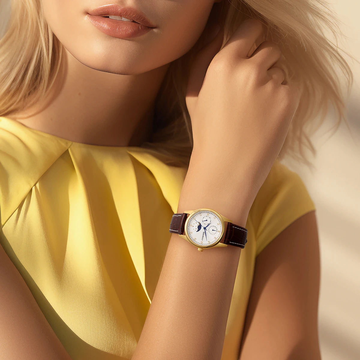 BERNY Women's Quartz Watch – Moon Phase Calendar Leather Strap