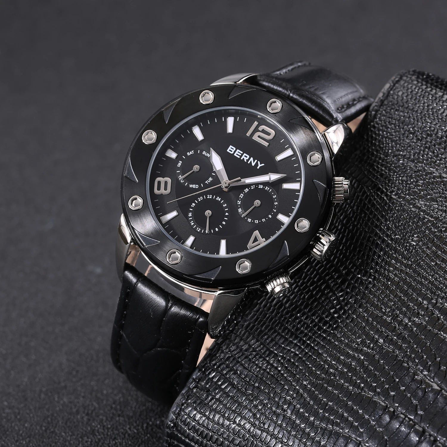 BERNY Men's Quartz Watch – Multifunction Dial Business Leather Strap Luminous Waterproof