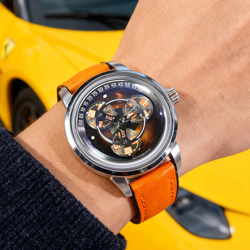 Hanboro Men's Automatic Watch - Rotating "Frisbee" Dial Mechanical Timepiece