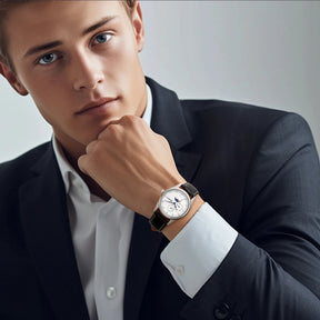 BERNY Men's Moon Phase Quartz Watch – Stainless Steel & Leather Dress Watch with Date & Week Display