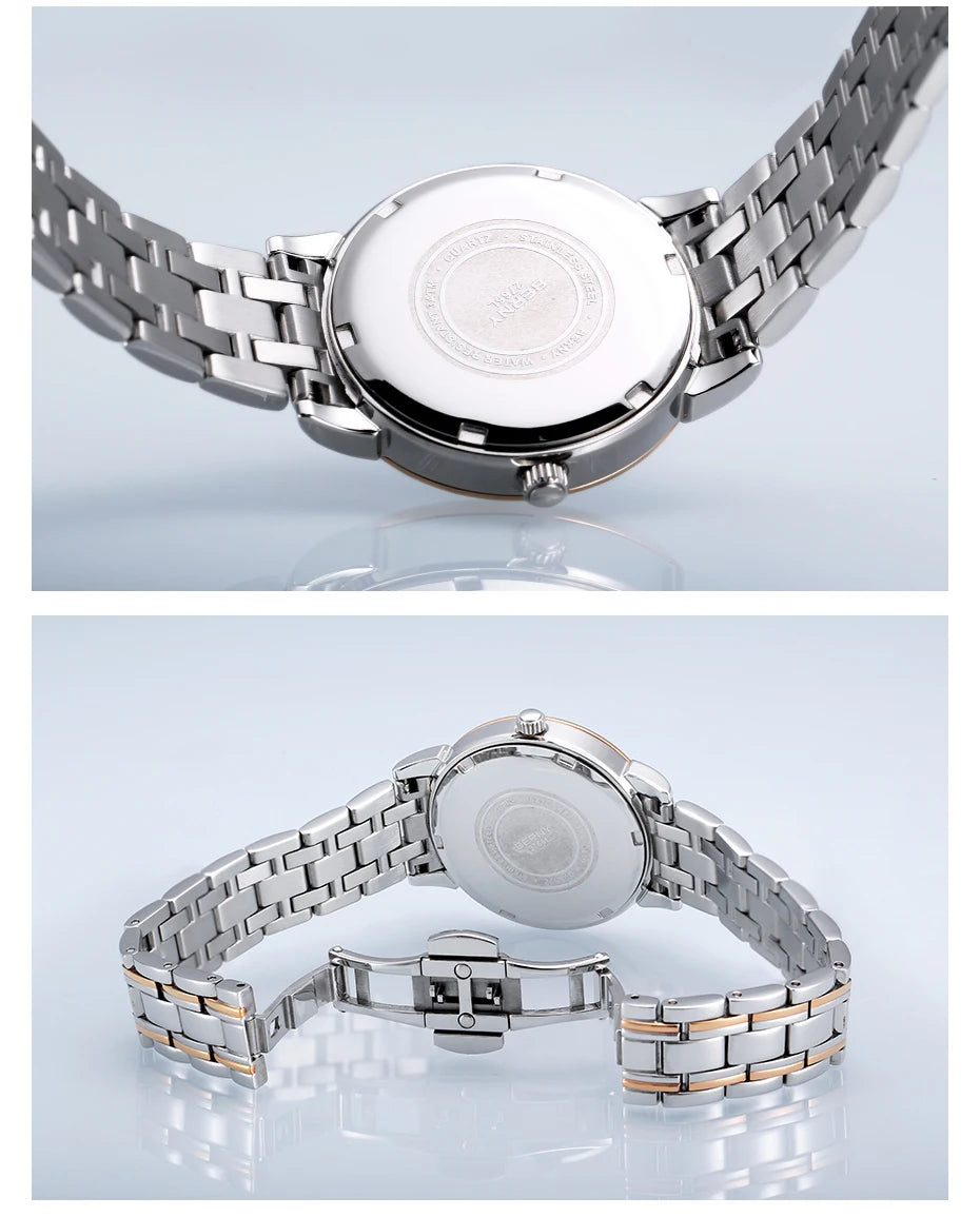 BERNY Women’s Quartz Watch – Roman Numerals, Day & Date, Sapphire Glass, Stainless Steel Strap