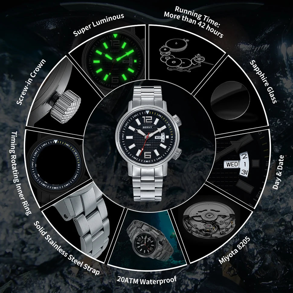 BERNY Men's Automatic Diver Watch – 20ATM Waterproof, Miyota 8205, Sapphire