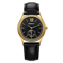 BERNY Luxury Men’s Dress Watch Slim Gold Quartz Classic Leather Strap Business Wristwatch