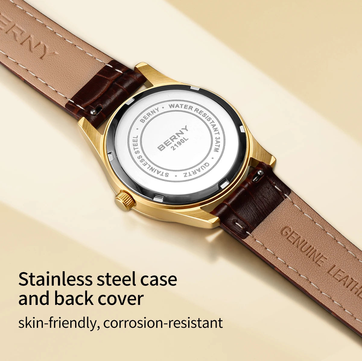 BERNY Women's Quartz Watch – Moon Phase Calendar Leather Strap