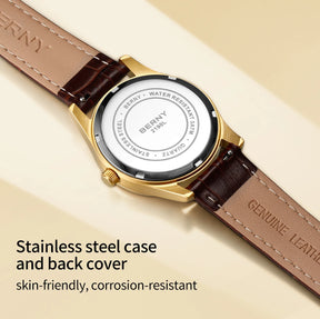 BERNY Women's Quartz Watch – Moon Phase Calendar Leather Strap