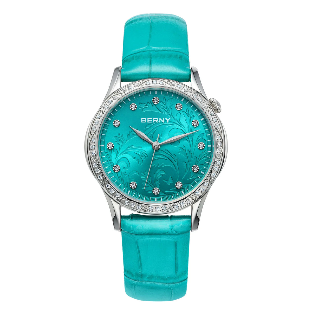 BERNY Women's Quartz Watch – Engraved Dial Diamond Gold Case Leather Strap