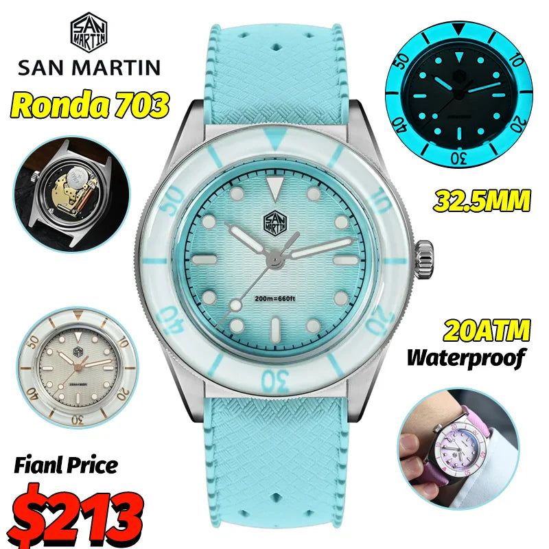 San Martin SN0151 Women’s Luxury Quartz Watch – Ronda 703, 200M Waterproof