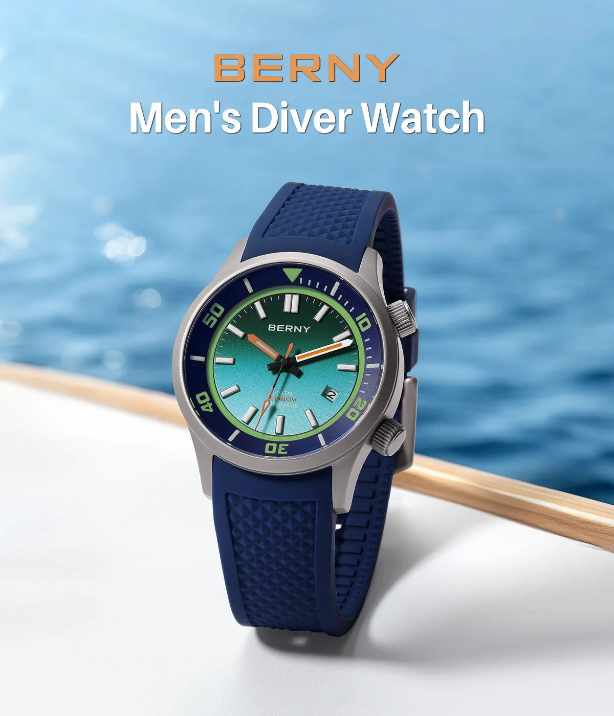BERNY Men's Titanium Automatic Diver Watch – 20ATM, Sapphire, Miyota 8215
